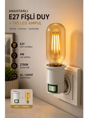 Die Grup Tr Anahtarlı E27 Fişli Duy Gece Lambası, T45 LED Ampul Seti, 4W, 2700K, Beyaz