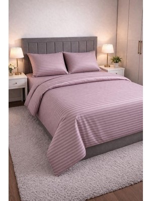 Die Grup Tr Wova Home Mauve Stripe Çift Kişilik Nevresim Takımı%90 Pamuk 83 Tel Saten Çizgili Lastikli Çarşaflı Mürdüm Nevresim Takımı 200X220 cm