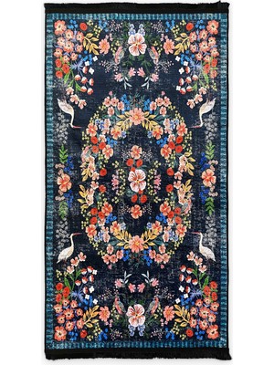 BLG Home Lacivert Çiçekli Vintage Halı Kanaviçe Görünümlü Bambu Kumaş