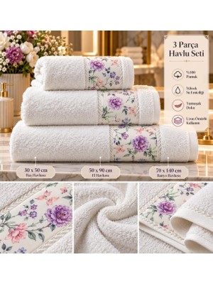 Slc Home 3lü Banyo Havlu Seti Nakışlı Hamam Seti %100 Pamuk 3 Farklı Boy
