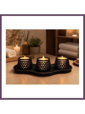 Bezos 3D Baskı Dekoratif Mumluk Seti - Desenli Tealight ve Masaüstü Aydınlatma Objesi-Siyah Bhs
