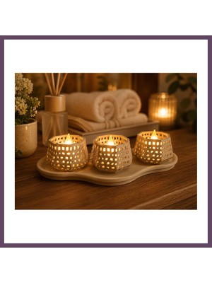 Bezos 3D Baskı Dekoratif Mumluk Seti - Desenli Tealight ve Masaüstü Aydınlatma Objesi-Bej Bhs