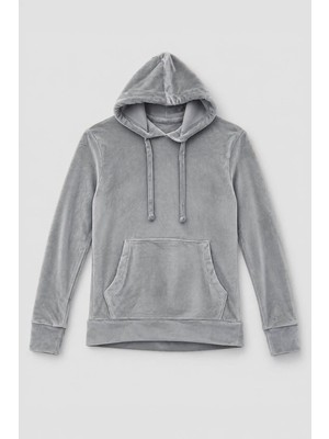 Markapia Woman Kadın Kapüşonlu Cepli Yumuşak Kadife Dokulu Gri Sweatshirt