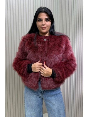 Swana Kadın Tek Düğme Kapamalı Astarlı Kürk Ceket- Bordo