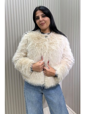 Swana Kadın Tek Düğme Kapamalı Astarlı Kürk Ceket- Krem