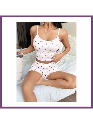 Bezos Kadın Kalp Desenli Askılı Şortlu Pijama Takımı 5236 · Beden: L/xl · Renk: Beyaz Gambera1