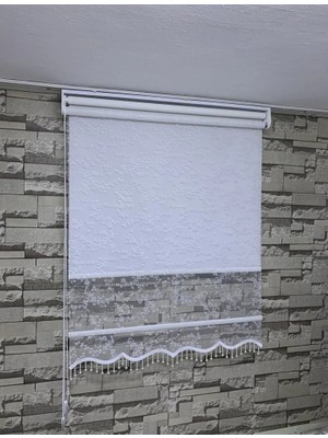 Perdeciniz Sarmaşık Küçük Gül Desenli Çiftli Sistem Tül Stor Perde Krem Renk (Etek Boncuklu) Enxboy