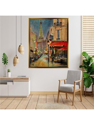 Giyense Tablo Paris Eyfel Kulesi ve Le Recrutement Cafe Sokak Manzarası Yağlı Boya Kanvas Tablo