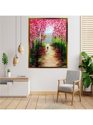 Giyense Tablo Pembe Çiçekli Ağaçlar Altında Yürüyen Çift Romantik Doğa Kanvas Tablo