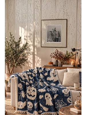 Layan Home Halloven %100 Pamuk Jakarlı Throw & Battaniye - Koltuk Şalı 140X210CM