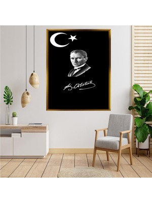 Giyense Tablo Siyah Zemin Üzerine Ay Yıldızlı Mustafa Kemal Atatürk Imzalı Kanvas Tablo