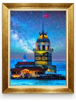 Giyense Tablo  Altın Çerçeveli Kız Kulesi Yıldızlı Gece Manzaralı Tablo Istanbul Duvar Dekoru