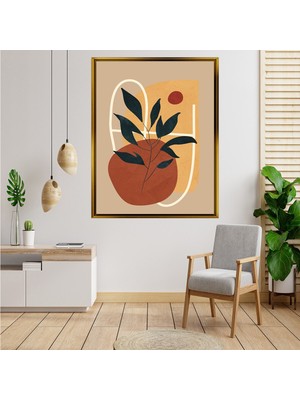 Giyense Tablo Bej Arka Plan Üzerine Minimalist Kırmızı Güneş ve Yaprak Desenli Tablo