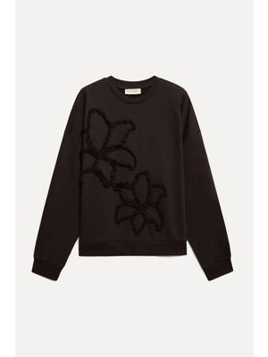 Mudo Kadın Kahverengi Nakışlı Loose Fit Bisiklet Yaka Sweatshirt