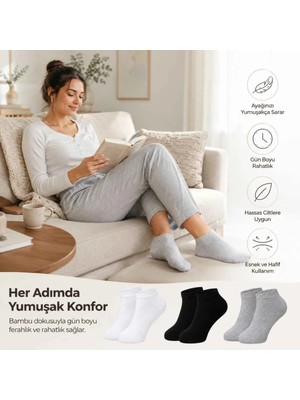 Budi Home Kadın Bambu Patik Çorap 12'li | Nefes Alan Nem Emici Yumuşak, Siyah Beyaz Gri