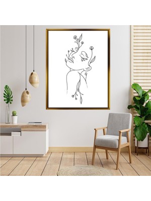 Giyense Tablo Siyah Tek Çizgi Çiçekli Kadın Yüzü Minimalist Çizim Kanvas Tablo