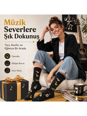 Budi Home Kadın Müzik Enstrüman Desenli Soket Çorap 36-40 | Pamuklu Dikişsiz Siyah Uzun Konç Hediyelik