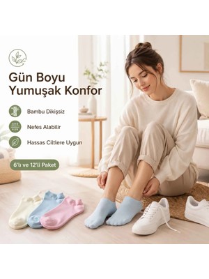Budi Home Kadın Bambu Dikişsiz Patik Çorap 12'li | Nefes Alan Nem Emici Yumuşak, Krem Mavi Pembe