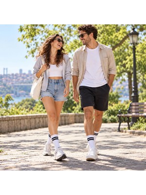Budi Home Unisex Beyaz Çorap Siyah Çizgili 6'lı Set Uzun Soket Günlük Spor Kolej Stil Rahat Kadın Erkek Çorabı