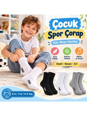 Budi Home Çocuk Spor Çorap 3'lü Set Siyah Beyaz Gri Ince Dikişli Kokulu Yıkama Yumuşak Esnek Günlük Çorap Seti