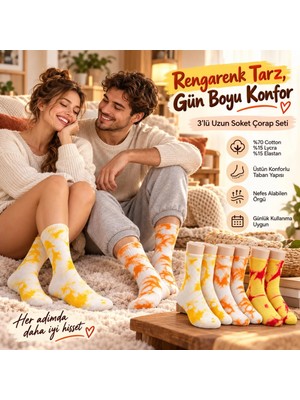 Budi Home Unisex Batik Desenli Çorap 6'lı Set Pamuklu Renkli Uzun Soket Dikişsiz Nefes Alan Günlük Spor Çorabı