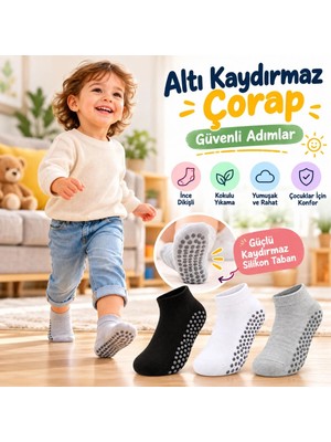Budi Home Çocuk Kaydırmaz Tabanlı Patik Çorap 6'lı Set Siyah Beyaz Gri Yumuşak Esnek Kokulu Günlük Çorap Rahat