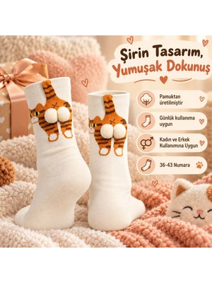 Budi Home Kadın 3'lü Krem Turuncu Kedi Desenli Ponponlu Soket Çorap Seti | Kedi Figürlü Eğlenceli Çorap Modeli