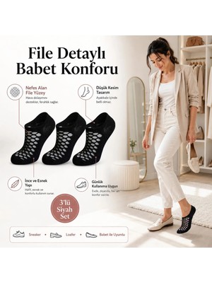Budi Home Kadın Siyah 6’lı  File Babet Çorap Düşük Kesim Ince Esnek Nefes Alan Ekonomik Çorap Seti