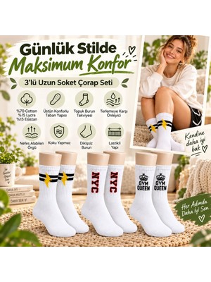 Budi Home Kadın Spor Çorap Beyaz Yazılı 6'lı Set Uzun Soket Pamuklu Dikişsiz Nefes Alan Spor Konforlu Çoraplar