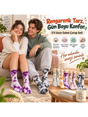 Budi Home Unisex Batik Desenli Çorap 5'li Set Renkli Pamuklu Uzun Soket Dikişsiz Nefes Alan Günlük Spor Çorabı