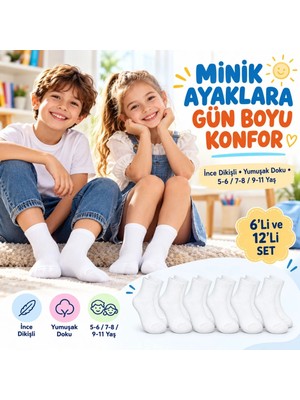 Budi Home Çocuk Beyaz Çorap 6'lı Set Ince Dikişli Yumuşak Nefes Alabilen Okul Günlük Rahat Çorap 5-11 Yaş Seti