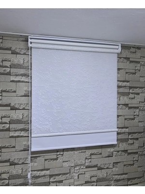 Perdeciniz Sarmaşık Küçük Gül Desenli Çiftli Sistem Tül Stor Perde Beyaz Renk (Etek Kısmı Düz) Enxboy