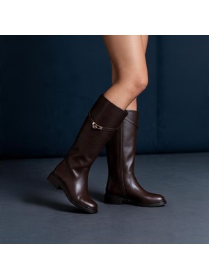 Ne&Ve Shoes Kahve Deri Kilit Aksesuar Detaylı Diz Altı Kadın Çizme