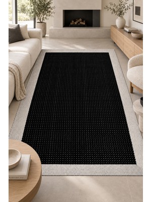 Sihirli Halı Oslo Modern Sisal Görünümlü Polyester Halı Siyah Ekru Robot Süpürge Uyumlu Kolay Temizlenebilir Mutf