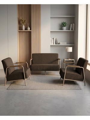 Azra Mobilya Atlas 2+1+1 Dokuma Kumaş Ofis Cafe Bekleme Koltuk Takımı – Cappuccino Metal – Acı Kahve