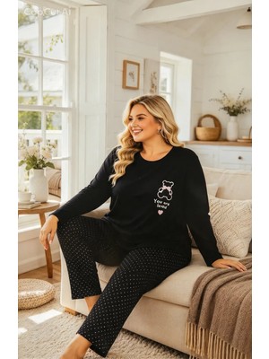 NiCe İç Giyim Büyük Beden Siyah Renk Ayıcık Desen Bisiklet Yaka Şık Rahat Kumaş Kadın Pijama Takım (2xl-3xl-5xl Beden)