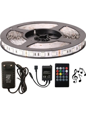 Amber LED 5 Metre RGB Şerit LED 12 V Sese ve Müziğe Duyarlı Kumanda ile Esnek Tasarım-5050 3 Çipli