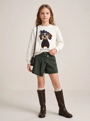 Zekids Kız Çocuk Köpek Baskılı Bisiklet Yaka Sweatshirt