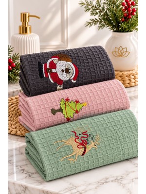 Denissly 30X50 cm Pamuklu Waffle Mutfak Havlusu Nakışlı Yılbaşı Temalı Dekoratif Kurulama Havlusu
