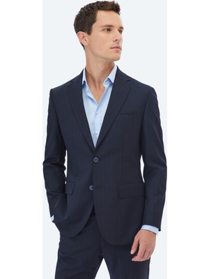 Kip Lacivert Çizgili Modern Fit Yün Karışımlı Takım Elbise