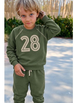 Cigit Şardonlu Karyoka Detaylı Baskılı Sweatshirt Takım 2-10 Yaş Yağ Yeşili