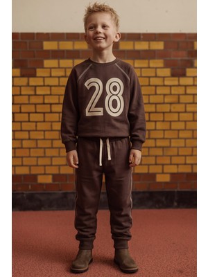 Cigit Şardonlu Karyoka Detaylı Baskılı Sweatshirt Takım 2-10 Yaş Kahverengii
