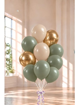 Patladı Gitti 12 Inç Küf Yeşili Krom Gold ve Deniz Kumu 10 Adet Balon Seti