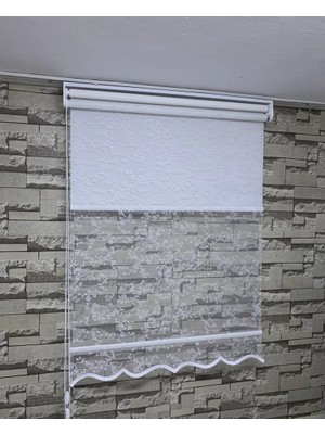 Perdeciniz Sarmaşık Küçük Gül Desenli Çiftli Sistem Tül Stor Perde Beyaz Renk (Etekli) Enxboy