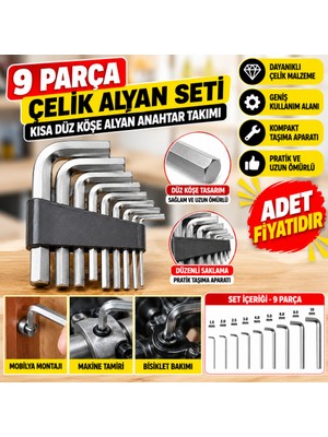ENCO 9 Parça Çelik Alyan Seti Kısa Düz Köşe Alyan Anahtar Takımı