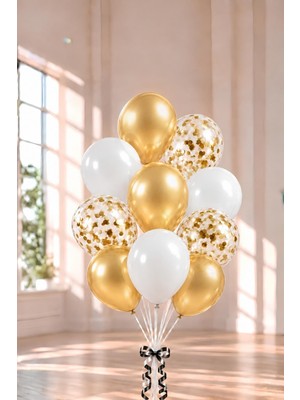 Patladı Gitti 12 Inç Beyaz Gold Konfetili Balon 10 Adet Parti Kutlamaları İçin Uygun