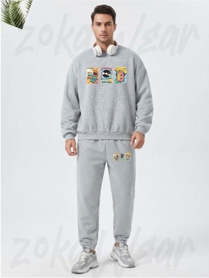 Zoka Wear 90 Lar Retro Baskili Vintage Baskılı Gri Eşofman Takımı
