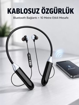 Mikrofonlu Boyun Bantlı Bluetooth Kulaklık Kablosuz Bağlantılı Ses ve Müzik Kontrollü Kulak Içi Kulaklık