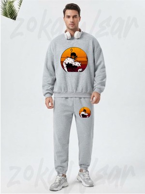 Zoka Wear Kedi Surfing Baskılı Gri Eşofman Takımı