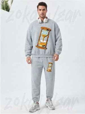 Zoka Wear Kum Saati Zaman Ahsap Deger Baskılı Gri Eşofman Takımı